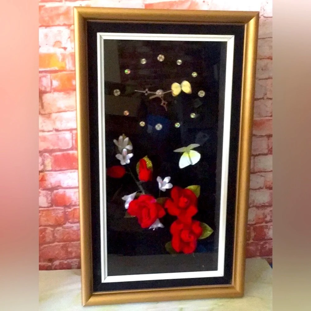 Vintage MCM Shin HWA Framed Floral Shadow Box Butterfly and Roses Clock